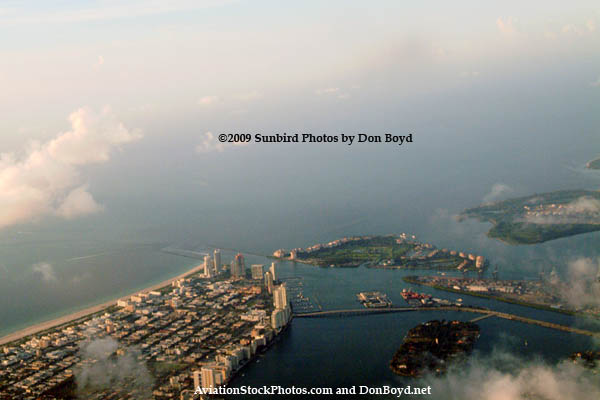 2009 - aerial sunrise view of South Beach, Causeway Island, Terminal Island, Fisher Island, Star Island and Virginia Key