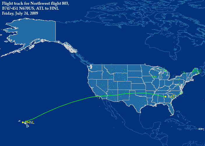 Our complete flight tracking path from Atlanta to Honolulu onboard Northwest Airlines flight 803 B747-451 N670US