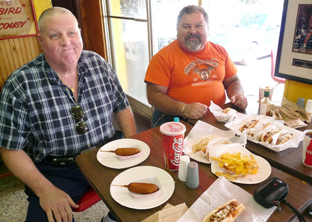 Robbin P. Learned and Bob Sara having a great meal at Arbetter Hot Dogs on Bird Road