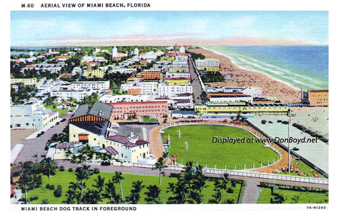 1950s - postcard aerial view of Miami Beach with the Miami Beach Dog Track in the foreground