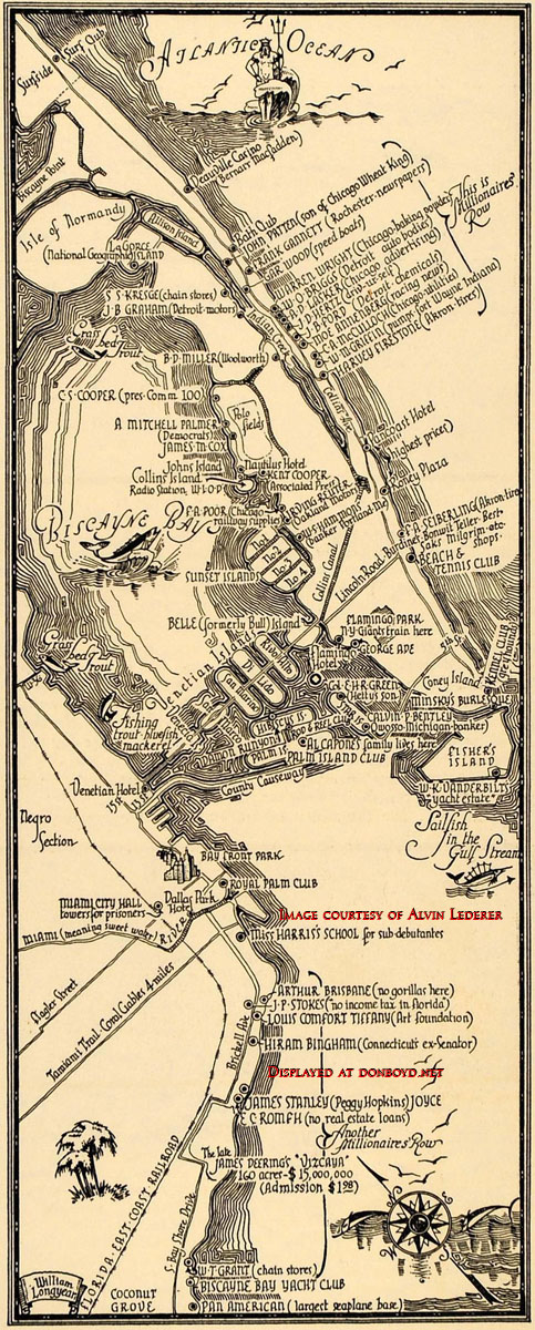 1936 - map of Greater Miami, Miami Beach and Biscayne Bay