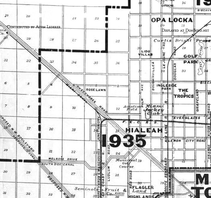 1925 - map depicting Hialeah in 1925 and projected growth of Miami and surrounding areas by 1935