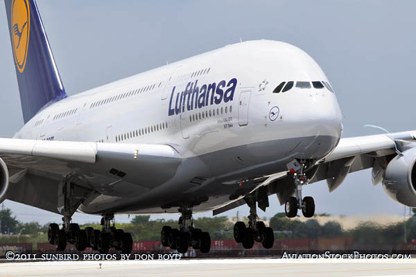 Lufthansas A380-841 D-AIMD Tokio inaugural landing at MIA aviation stock photo