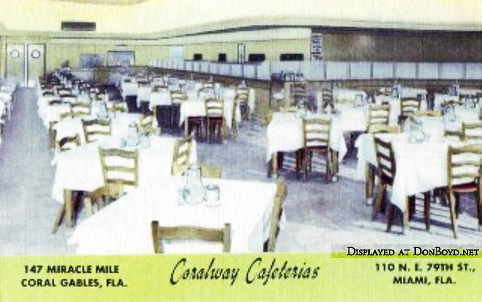1960a and 70s - Coralway Cafeterias postcard - two locations in the Miami area
