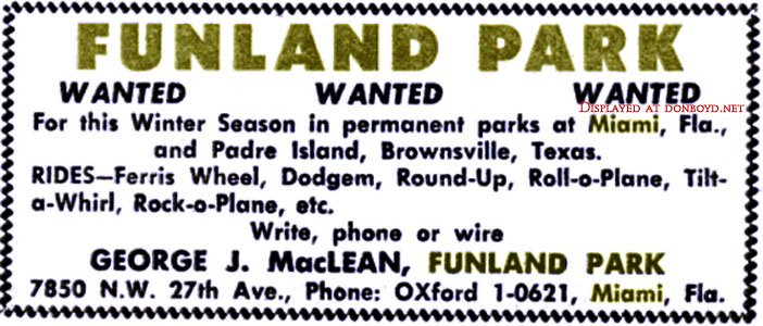 1958 - an advertisement for Funland Park in Miami in The Billboard