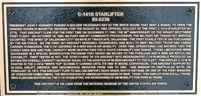 2011 - plaque for the USAF Lockheed C-141B Starlifter #65-0236 at Scott Field Heritage Air Park at Scott Air Force Base