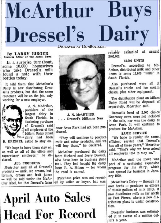 1962 - Miami News article about McArthur Dairy buying out Dressels Dairy on Milam Dairy Road west of the airport