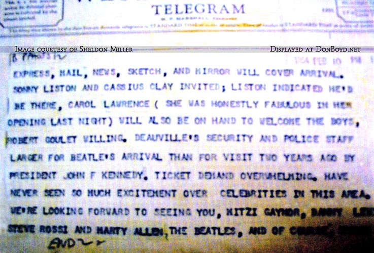 1964 - page 2 of telegram from Deauville Hotel owner Morris Lansburgh to TV star Ed Sullivan about the Beatles arrival in Miami