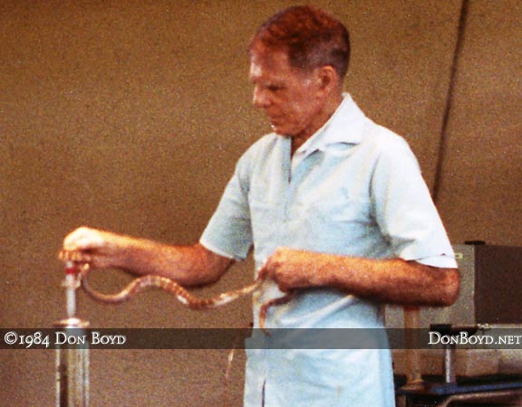 1984 - the legendary Bill Haast giving a snake venom extraction demonstration at the Miami Serpentarium