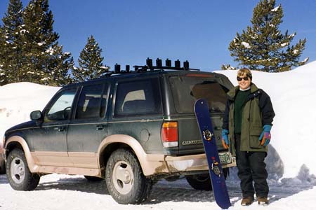 1996 - Karen with snowboard upon arrival at Copper Mountain