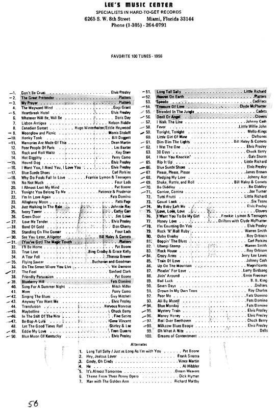 1956 Top 100 Tunes from Lees Music Center, 6265 Tamiami Trail, Miami