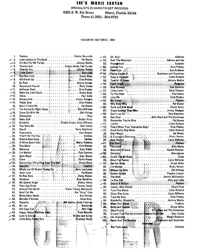 1957 Top 100 Tunes from Lees Music Center, 6265 Tamiami Trail, Miami