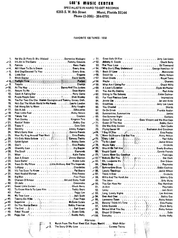 1958 Top 100 Tunes from Lees Music Center, 6265 Tamiami Trail, Miami