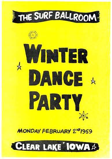 Winter Dance Party poster (replica created decades afterward) for the Surf Ballroom at Clear Lake, Iowa, February 2, 1959