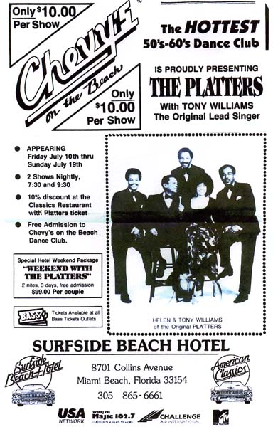 Ad for the The Platters appearing at Chevys on the Beach at the Surfside Beach Hotel