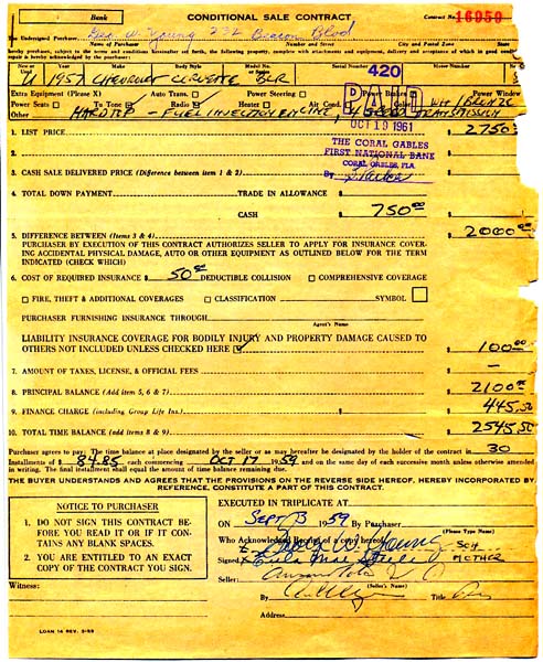 1959 - Bill of Sale for George W. Youngs 1957 Corvette Fuelie