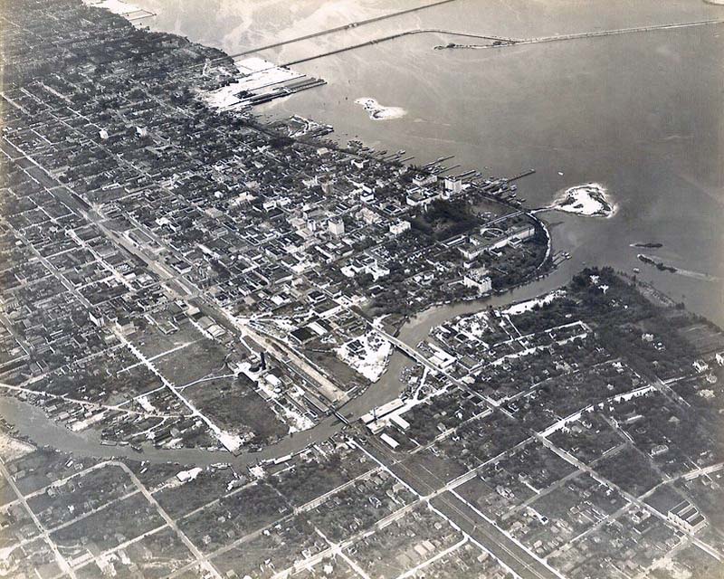 Early 1920s - Aerial view of Miami River, Downtown Miami, and Biscayne Bay shoreline