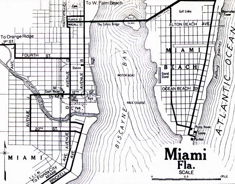 1919 - Map of Miami and Miami Beach with old street numbering system