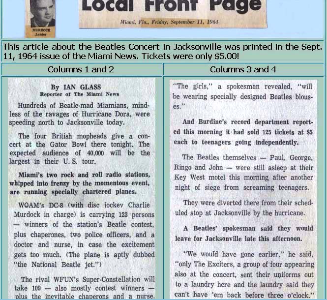 1964 - Miami News article about WQAM and WFUN plane trips to Jacksonville for the Beatles concert