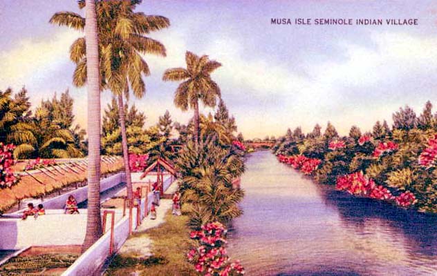 1940s - Postcard of the Musa Isle Indian Village on the south fork of the Miami River