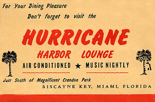 1950s - Menu cover for the Hurricane Harbor Lounge, 24 Crandon Boulevard, Key Biscayne