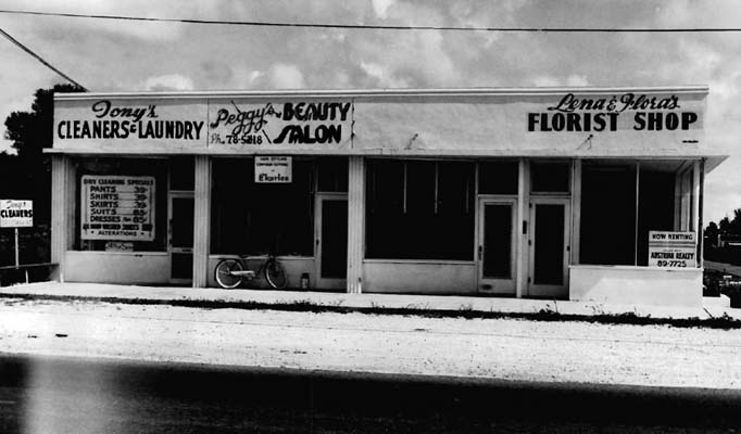 1951 - Tonys Cleaners and Laundry, Peggys Beauty Salon and Lenas and Floras Florist Shop, NW 79 Street and 16 Avenue, Miami