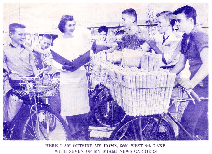 1962 - Dotty Cheleotis, Miami News counselor, with a group of her Miami News paperboys