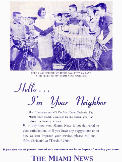 1962 - Dotty Cheleotis, Miami News counselor, with a group of her Miami News paperboys