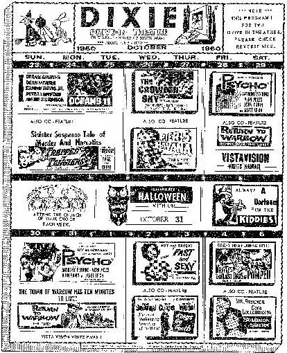 1960 - a promotional movie flyer for the Dixie Drive-In Theatre