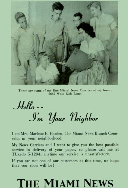 1962 - Marlene Harden, Miami News counselor, with a group of her Miami News paperboys