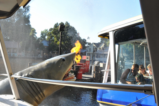 Grab shot of leaping shark, at attraction inspired by movie Jaws (1975). Universal Studios, Hollywood.
