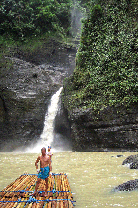 Bamboo raft for going under the falls