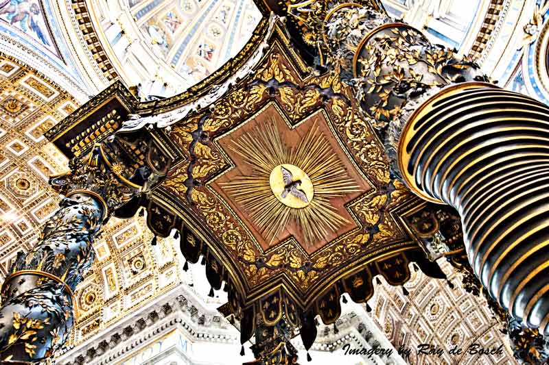 Saint Peters baldachin, a Baroque sculpted bronze canopy (by Bernini) over St. Peters tomb