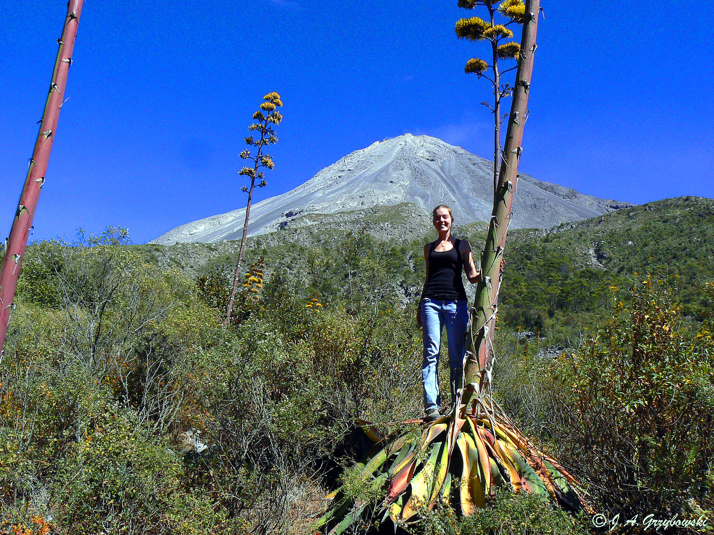 posing below the Volcan de Colima