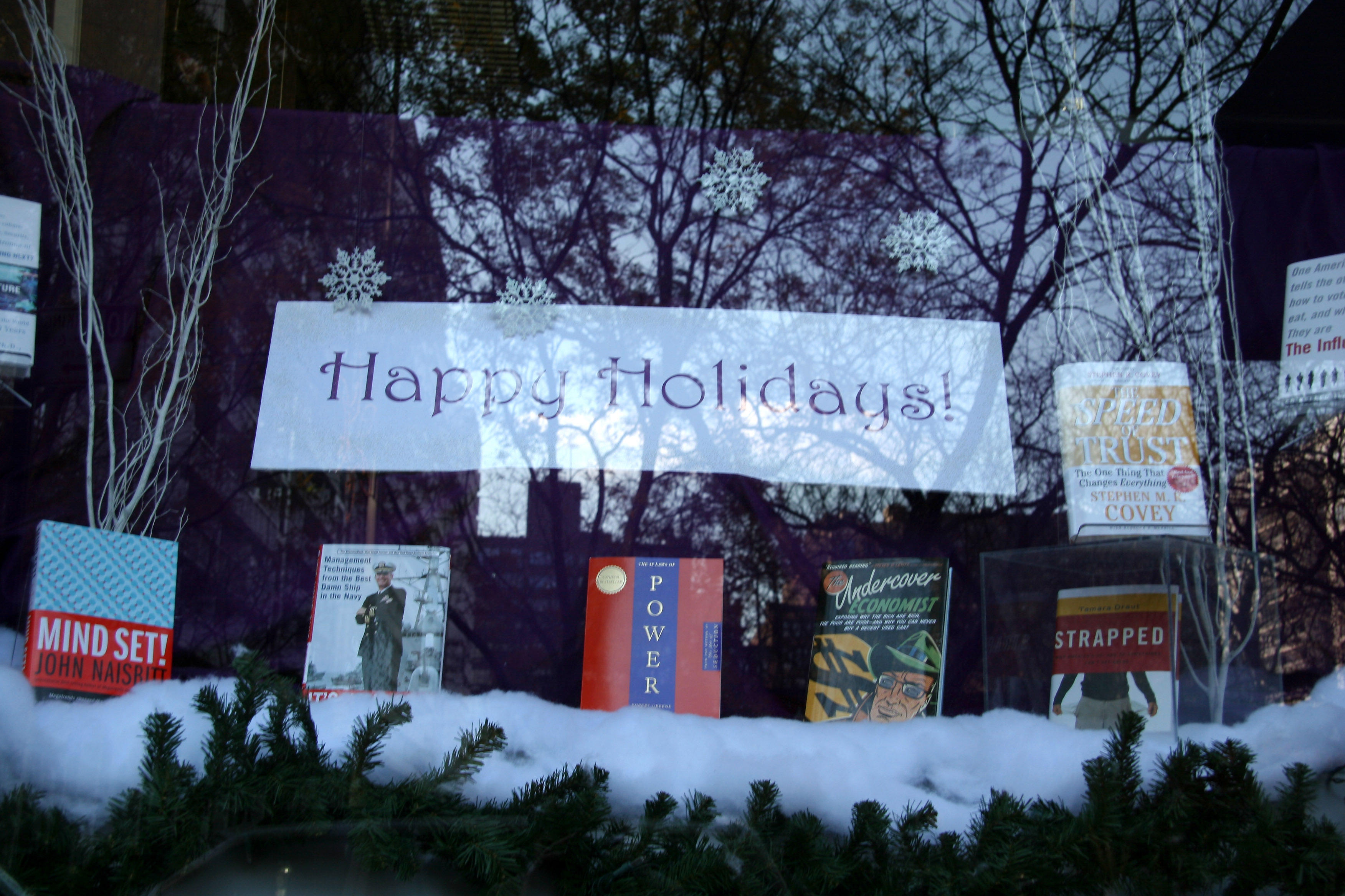NYU Professional Bookstore Window - Happy Holidays