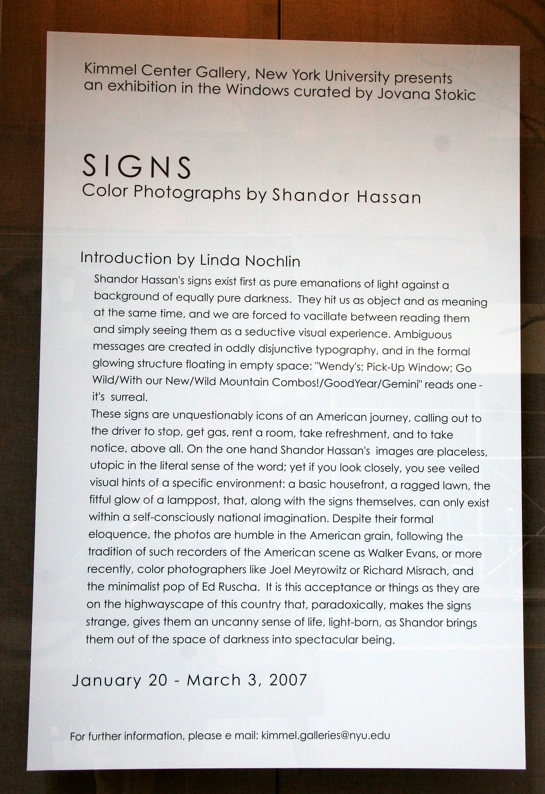 NYU Student Center Gallery Windows Exhibit -SIGNS Photographs by Shandor Hassan
