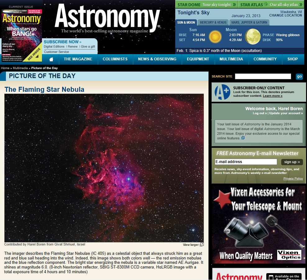 AE Aurigae and IC405 - The Flaming Star Nebula - Picture of the Day in Astronomy Magazines Web Site - January 2013