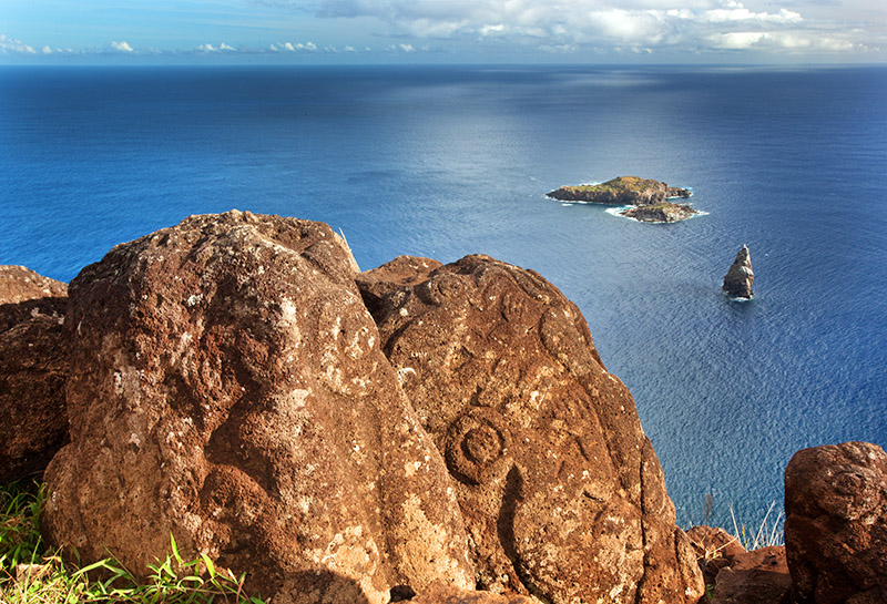 Orongo Petroglyphs, Motu Nui, the smaller Motu Iti and the sea stack of Motu Kao Kao