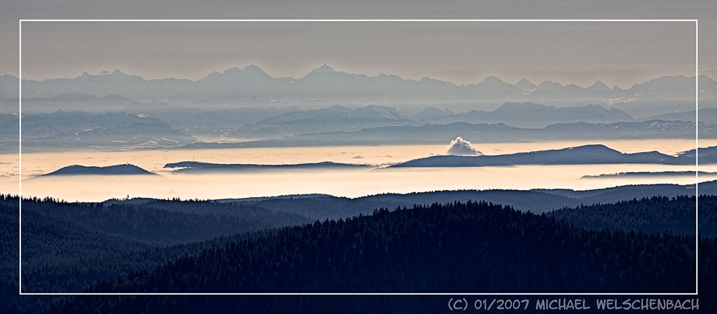 View of the Swiss alps seen from Herzogenhorn, Black Forest