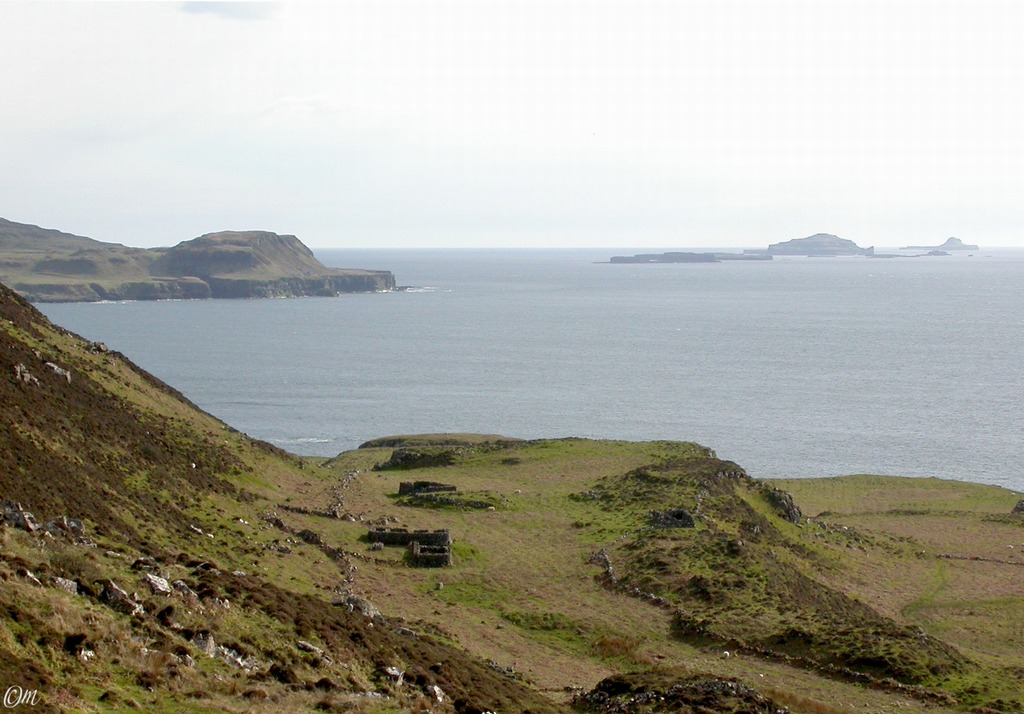 deserted village on Mornish cliff shelf - Haunn, Treshnish head and Islands beond