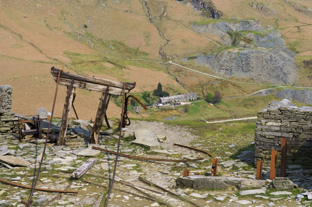 station on the cable lifts on slopes of Old Man - remaining terrace of workers cottages below and one of many mines opposite