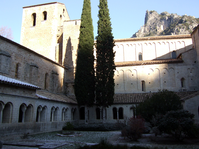 In the courtyard at St Guilhelm le Desert.