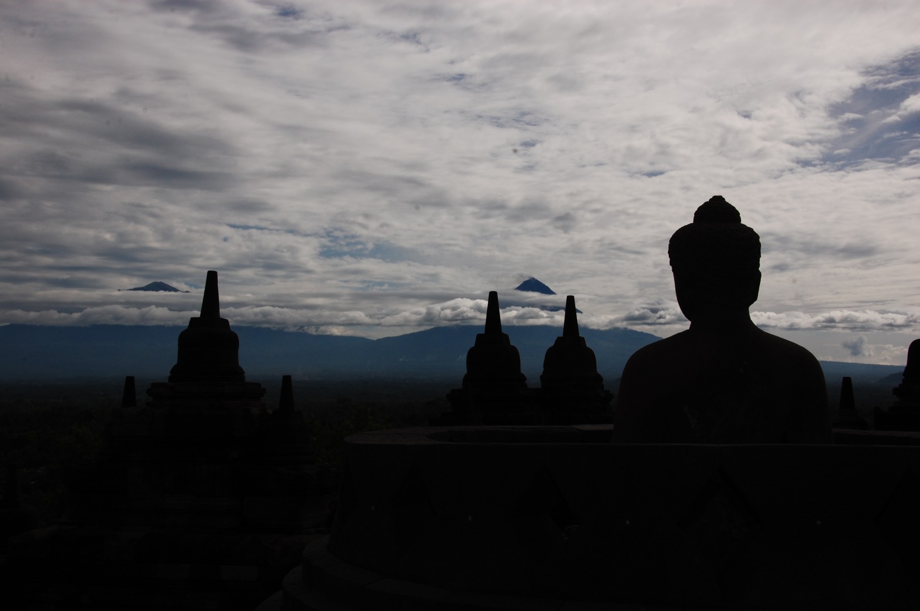 Borobudur, Merbabu on the left, Merapi Volcano on the right