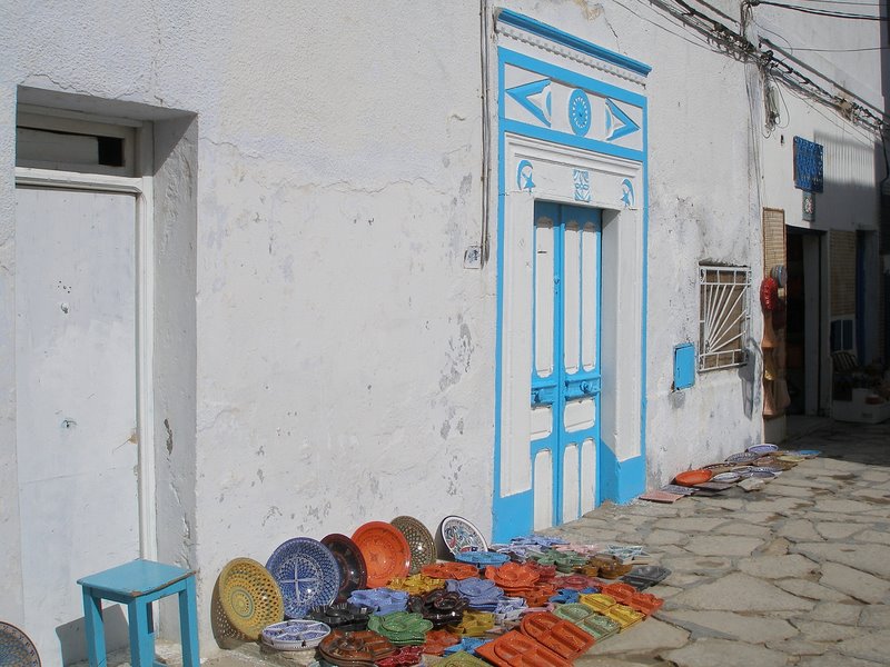 Hammamet - pottery display outside of Medina