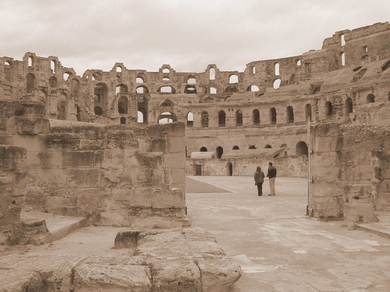 El Djem - Roman amphitheatre - long view of interior (sepia)