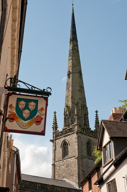 Streets of Shrewsbury, with the spire of St Marys