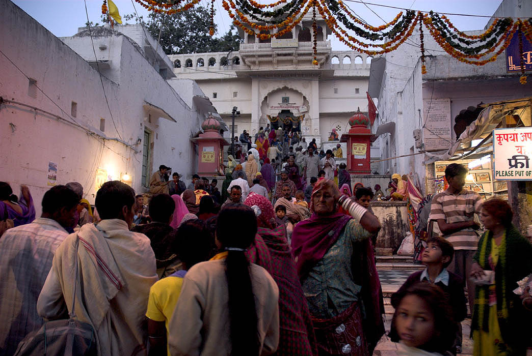 Devotees throng the Brahma Temple just after dawn