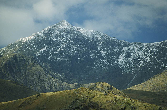Snow lingers on the summit of Snowdon, viewed rom the west