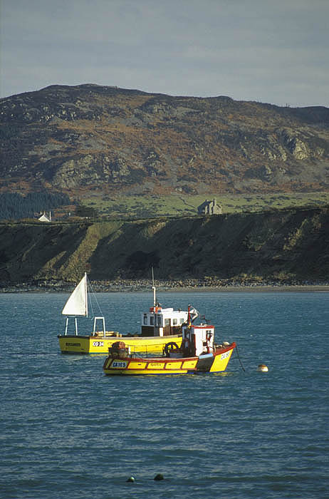 Llyn Peninsula, North Wales, UK.  Fishing launches at anchor