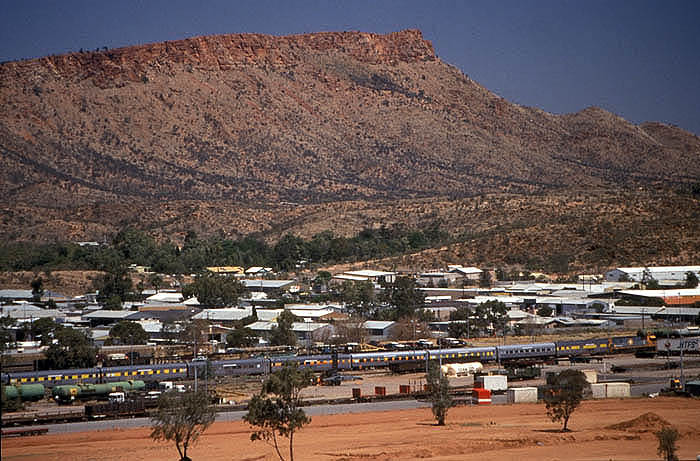 The Ghan train arrives from the south